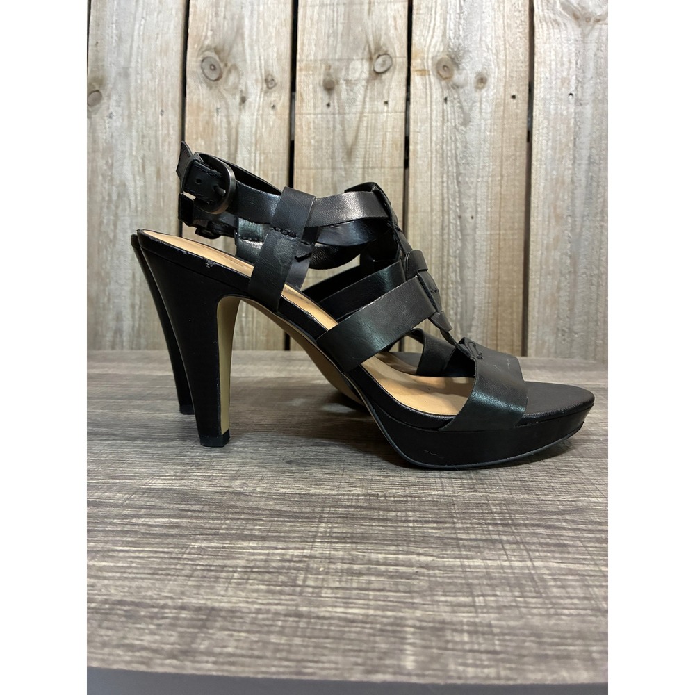 Franco Sarto Moped Black Leather Strappy Platform Sandals Heels Womens 9.5M